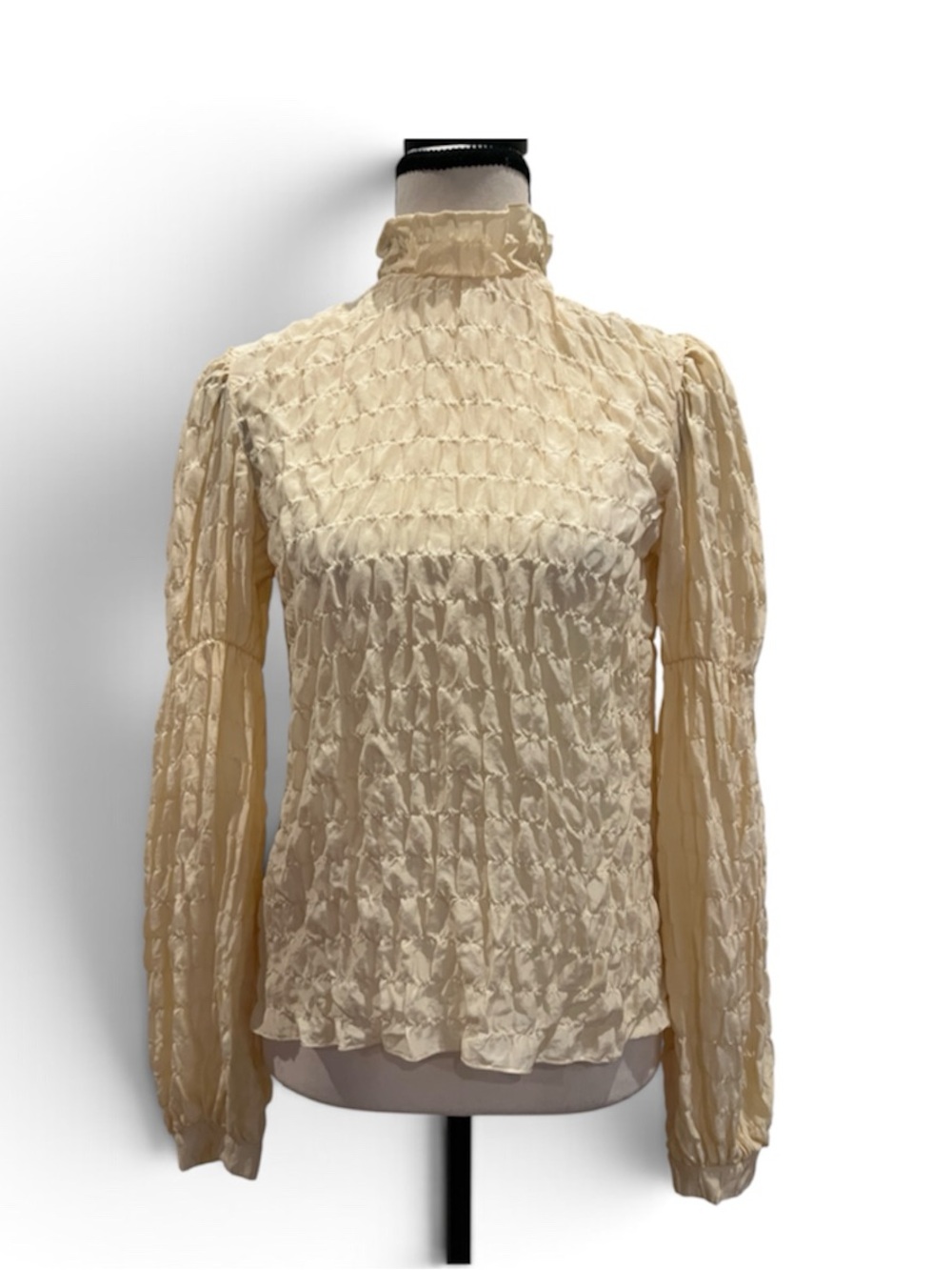 & Other Stories Smocked Long-Sleeve Mock-Neck Blouse Light Yellow Size 2